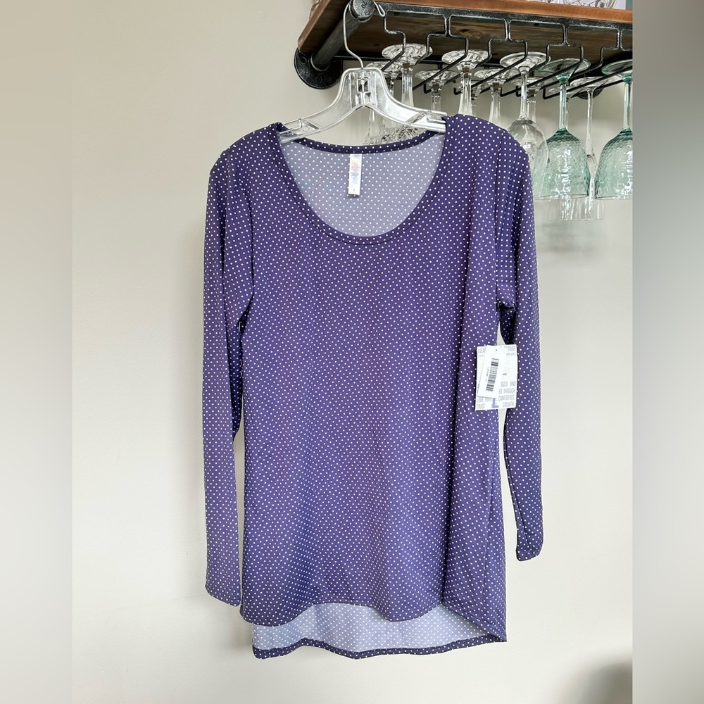LuLaRoe Lynnae Blue/Purple Long Sleeve Top with White Dots
